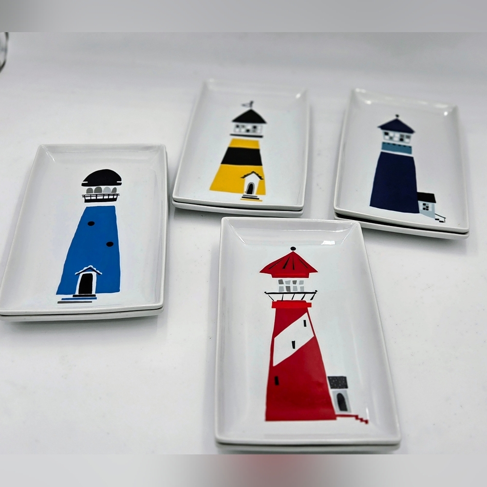 Crate & Barrel Serving Porcelain Dishes Coastal Nautical Set of 8